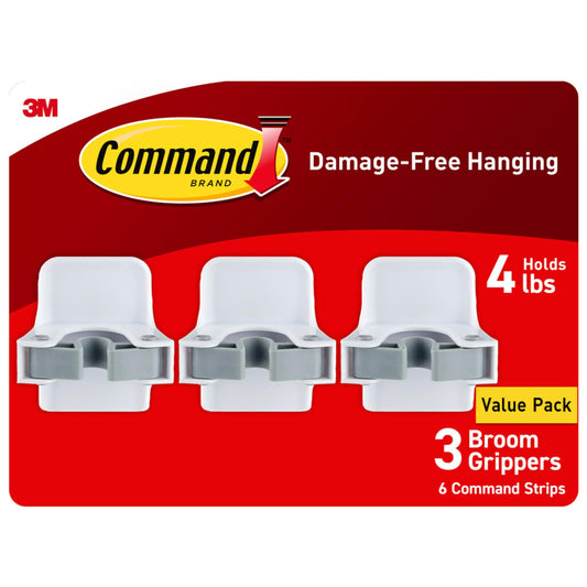 Command - Pinzas para escoba y fregona, 3 perchas y 6 tiras de comando, sin daños para colgar en la pared, soporte para escoba y fregona, organizador de limpieza del hogar para organización y
