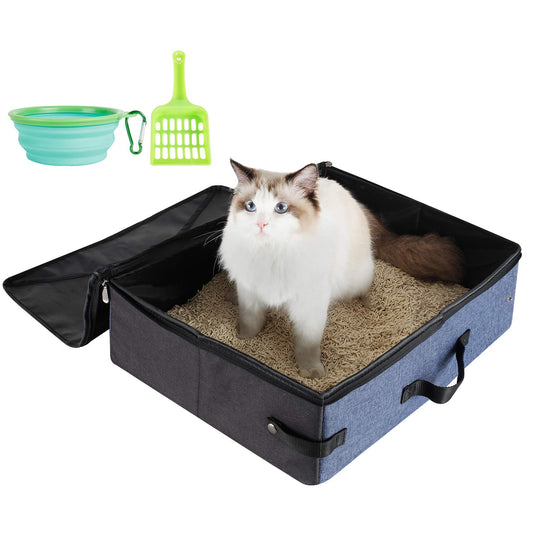 HiCaptain - Caja de arena para gatos de viaje con tapa y asa, portátil, portátil, plegable, para gatos (L, negro/gris)