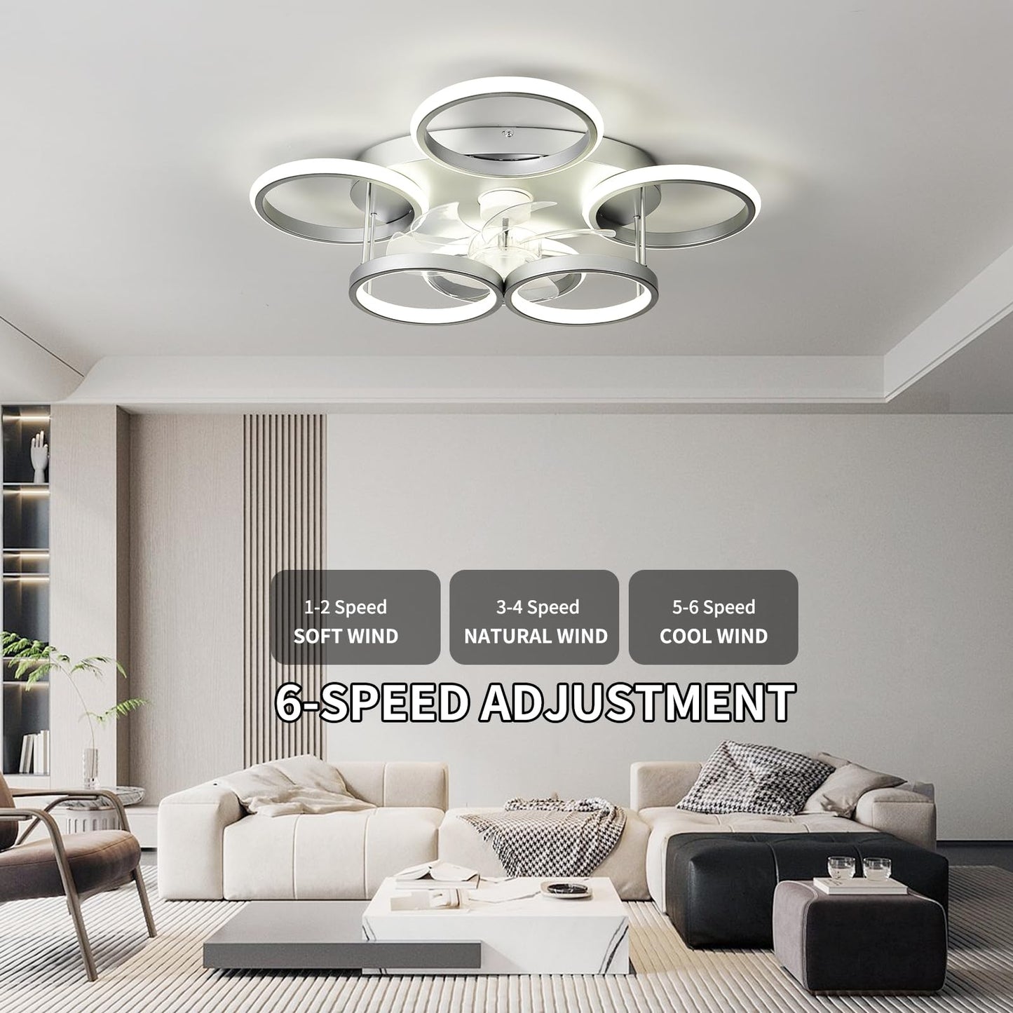 Lámpara de techo con ventilador de 25.6 pulgadas, moderno control remoto regulable Fandelier montaje empotrado, ventilador inteligente de techo de recámara con LED, cambio de color continuo de 3000 a
