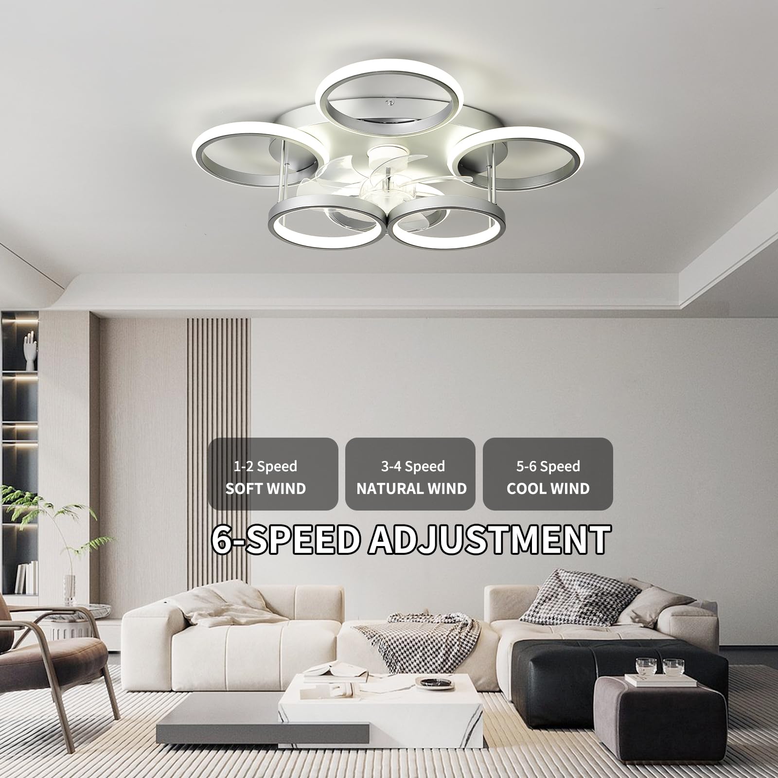 Lámpara de techo con ventilador de 25.6 pulgadas, moderno control remoto regulable Fandelier montaje empotrado, ventilador inteligente de techo de recámara con LED, cambio de color continuo de 3000 a