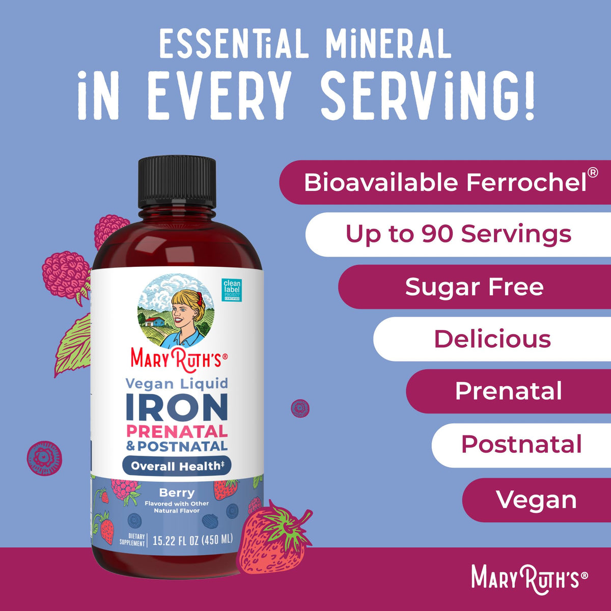 MaryRuth Organics | Prenatal Postnatal Iron Liquid, Berry, 16 oz | Líquido de hierro prenatal posnatal, bayas, 16 oz