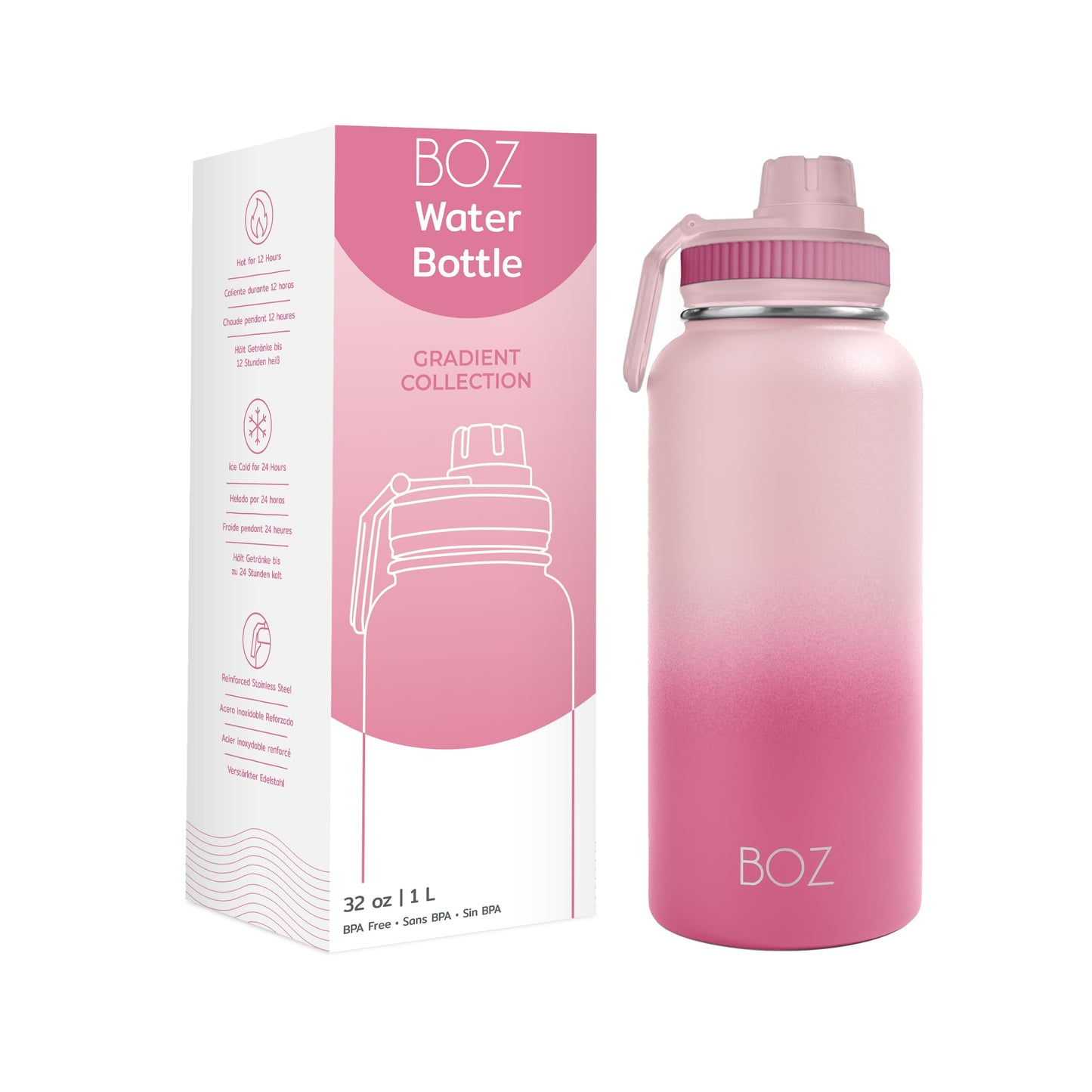 BOZ Botella de acero inoxidable aislada, 32 onzas, perfecta para ejercicios con tapa anti-goteo