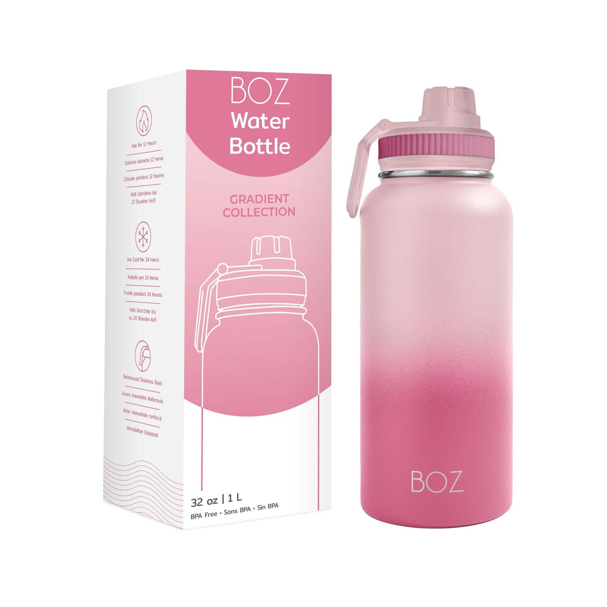 BOZ Botella de acero inoxidable aislada, 32 onzas, perfecta para ejercicios con tapa anti-goteo