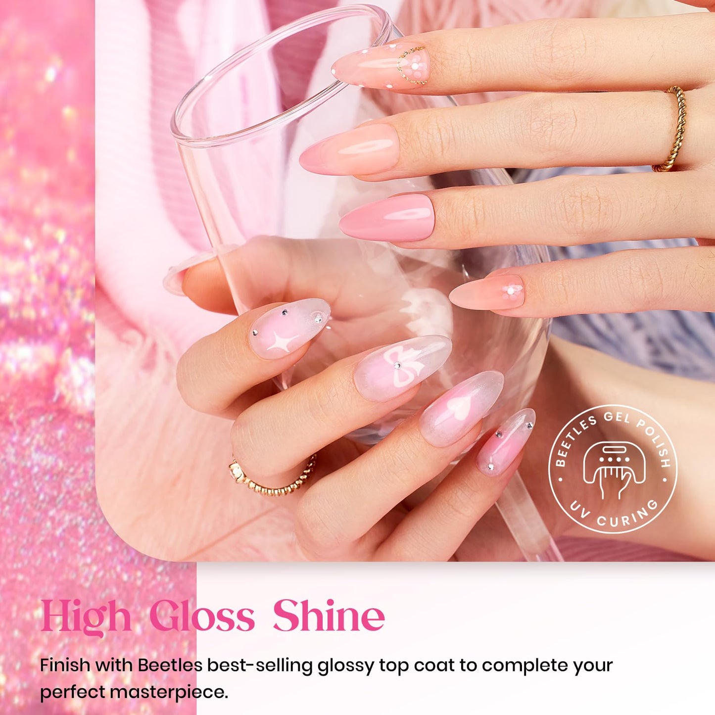Kit de esmalte de uñas de gel Beetles, 6 colores, colección de confeti rosa, juego de esmalte de uñas de gel pastel con purpurina rosa nude clásico, esmalte de uñas en gel con LED UV, kit de manicura para regalo