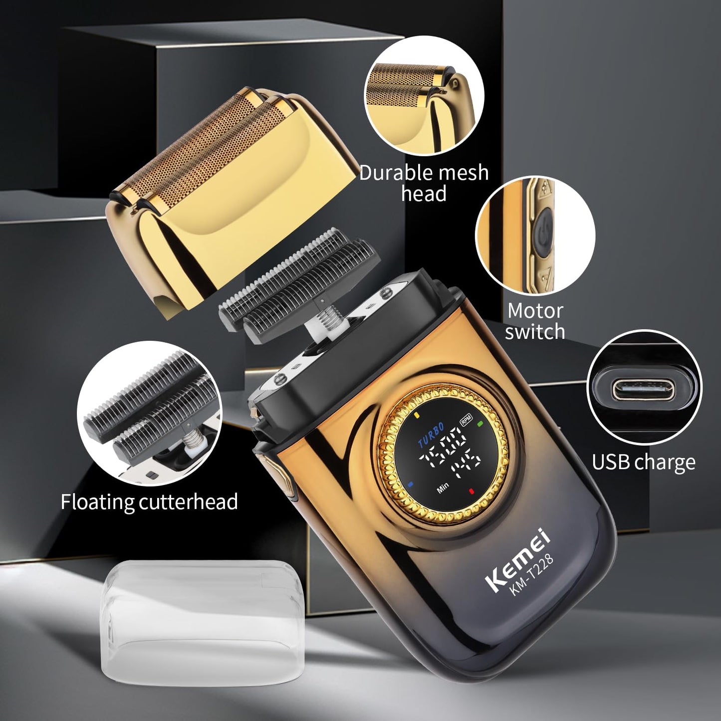 KEMEI KM-T228 - Afeitadora eléctrica para hombres con pantalla LED redonda grande (velocidad del motor y tiempo restante), 3 velocidades (6500/7000/7500 RPM), carga USB-C, doble lámina y cabezas de