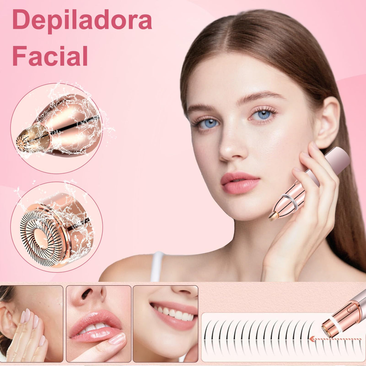 BALYSTOK Depiladora Facial Mujer Flawless con Luz LED, Sin Dolor, Portátil y Recargable, Removedor de Vello Facial para Labios, Cejas, Nariz, Barbilla, Bikini y Axilas, con 2 Cabezales de Repuesto y 1 Cepillo de Limpieza