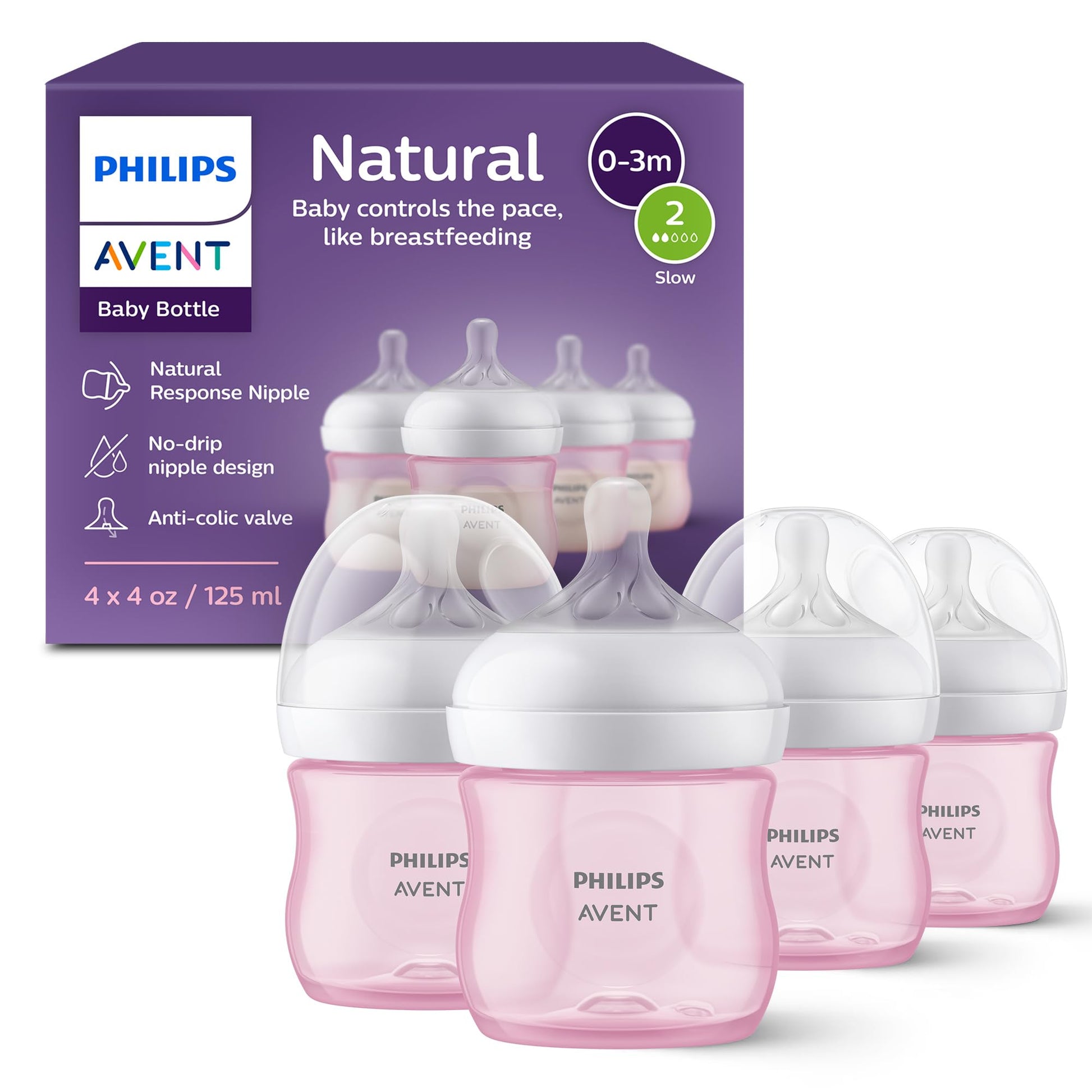 Biberón Natural Philips Avent Rosado con Tetina Natural Response, 4oz, Paquete de 4
