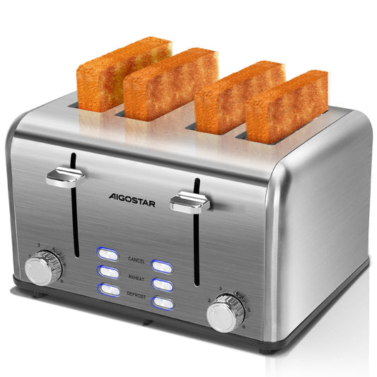 Aigostar Tostadora de Acero Inoxidable, 4 Rebanadas, Ranuras Extra Anchas, 6 Niveles de Tostado, Funciones de Cancelación/Descongelación/Recalentamiento/Bagel, Bandeja de Migas Extraíble
