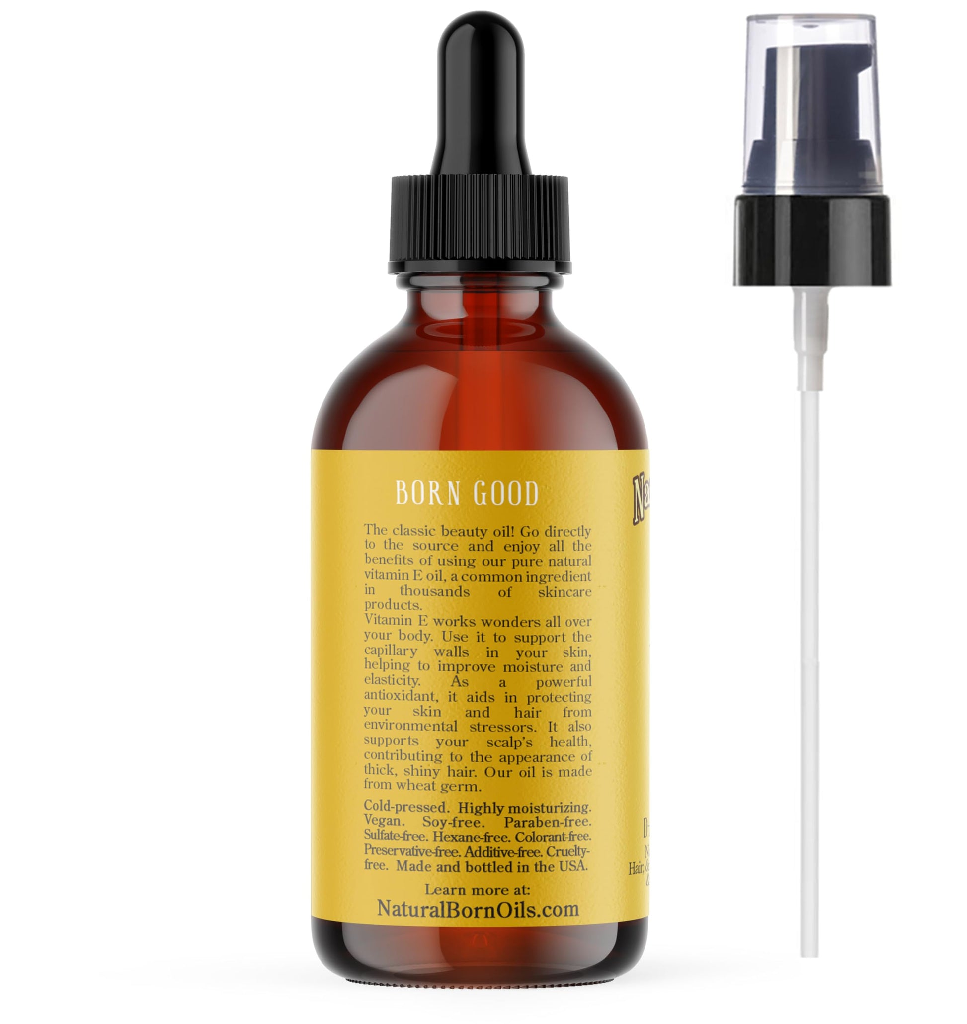 Natural Born Oils, Aceite de vitamina E, Antioxidante orgánico para la piel y el cabello, D-Alpha Tocopherol, 75,000 I.U., 4 oz (120 ml)