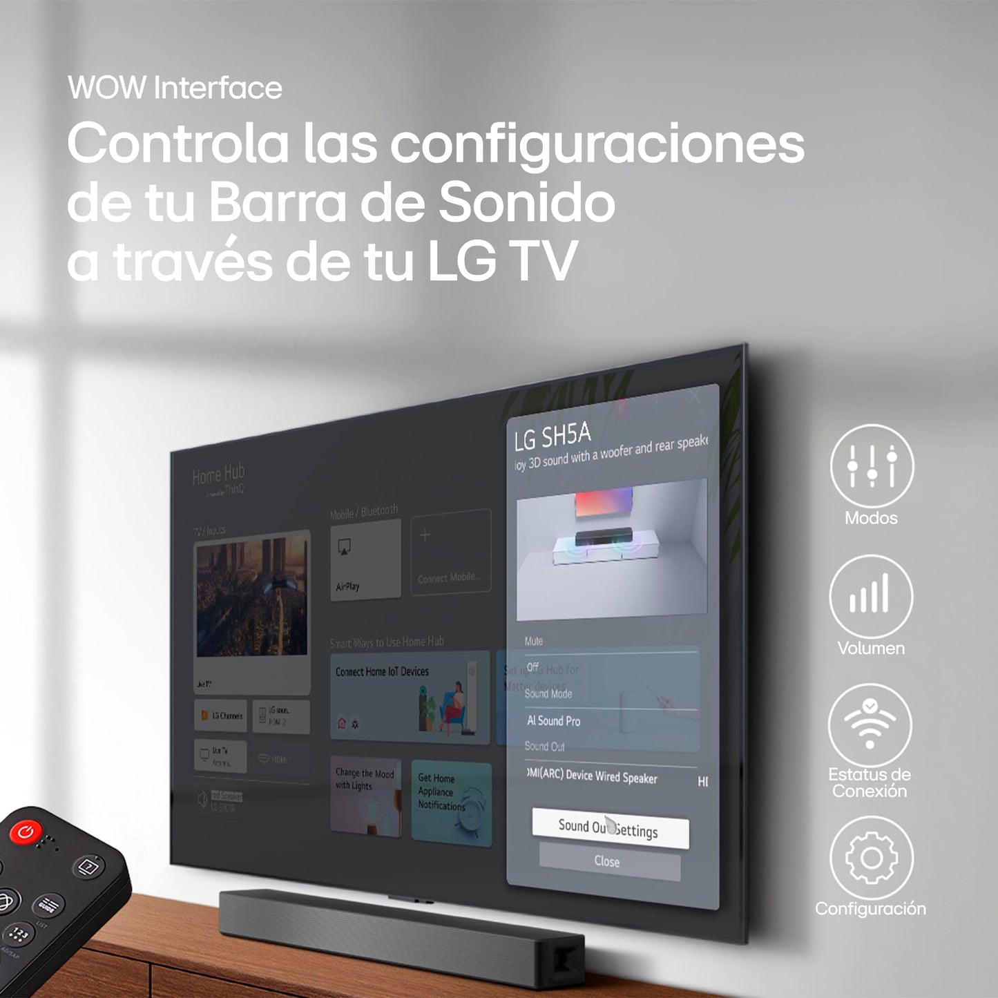 LG Soundbar SH5A | Barra de Sonido 4.1 Canales con 600W, AI Sound Pro y Wow Interface | DTS Virtual:X Disfruta de un Modo de Sonido Envolvente Virtual | Claridad de Voz Mejorada y Control Desde ThinQ