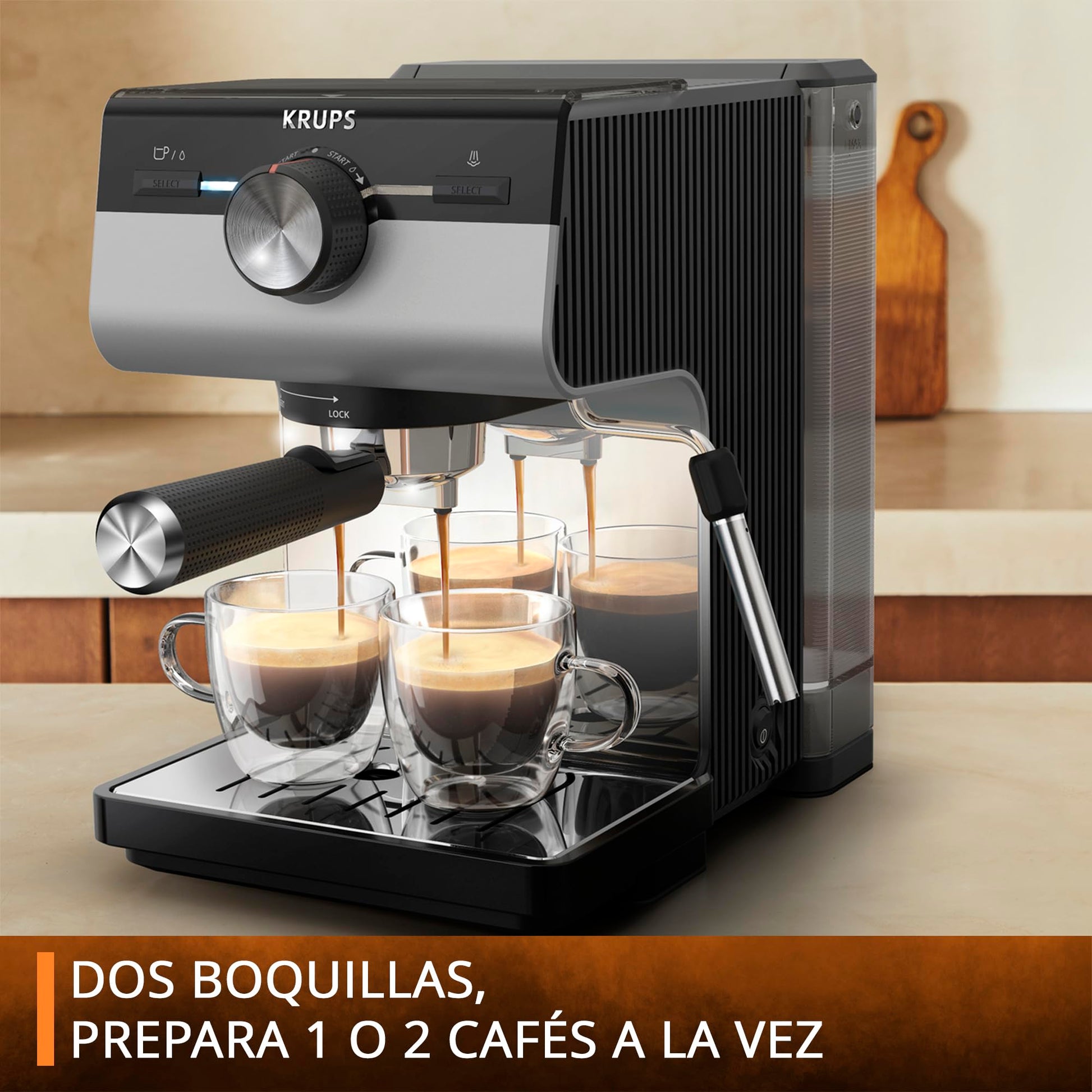 Krups Cafetera Espresso Manual Authentic+ | 15 Bares de Presión | Sistema Thermoblock | Espumador de Leche | Filtros de Acero Inoxidable | Tanque de 1.5L | XP384EU0