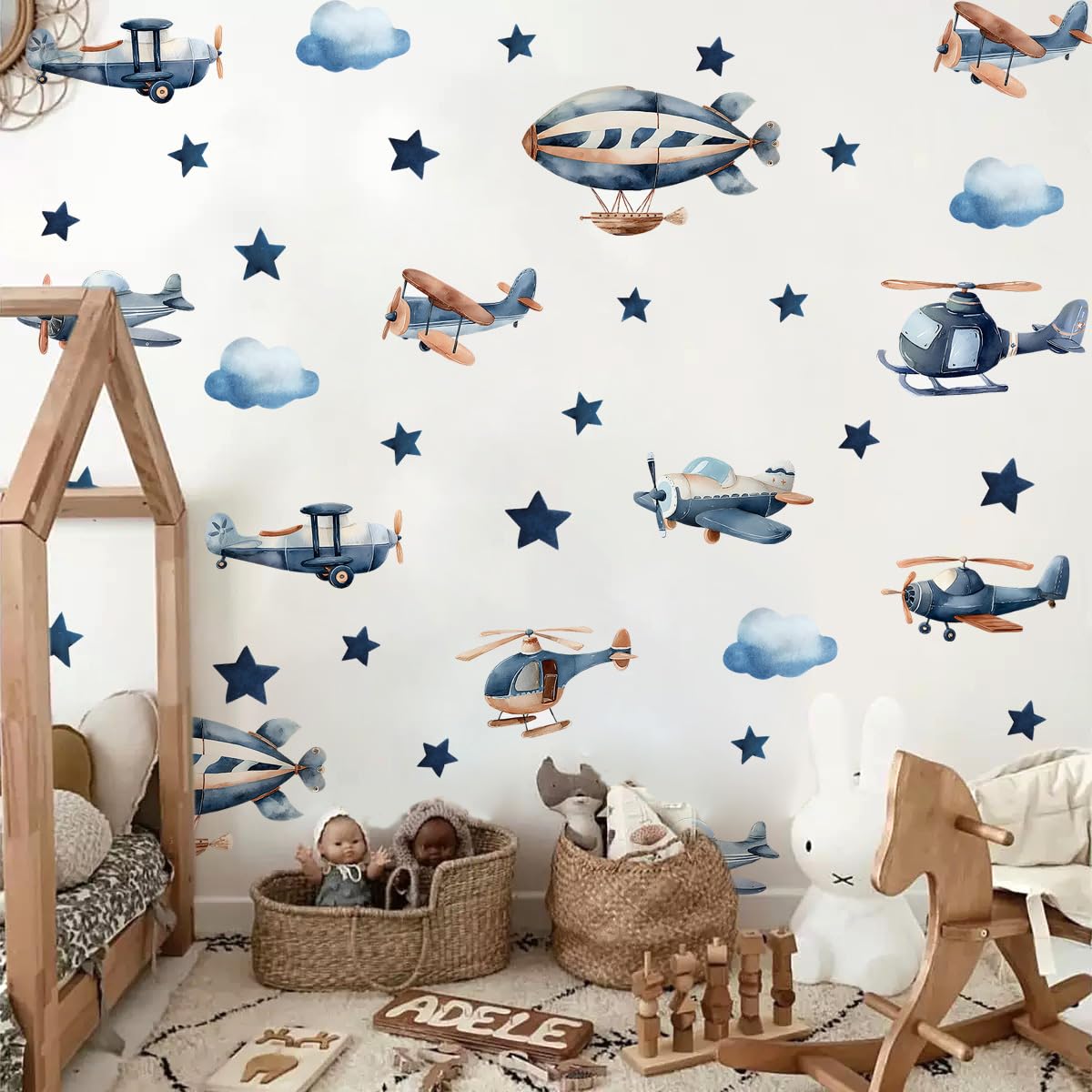 Calcomanías de pared de aviones, calcomanías de pared para habitación de niños, helicópteros, lanchas de avión, nubes, decoración mural de estrellas, calcomanía extraíble para habitación de niños