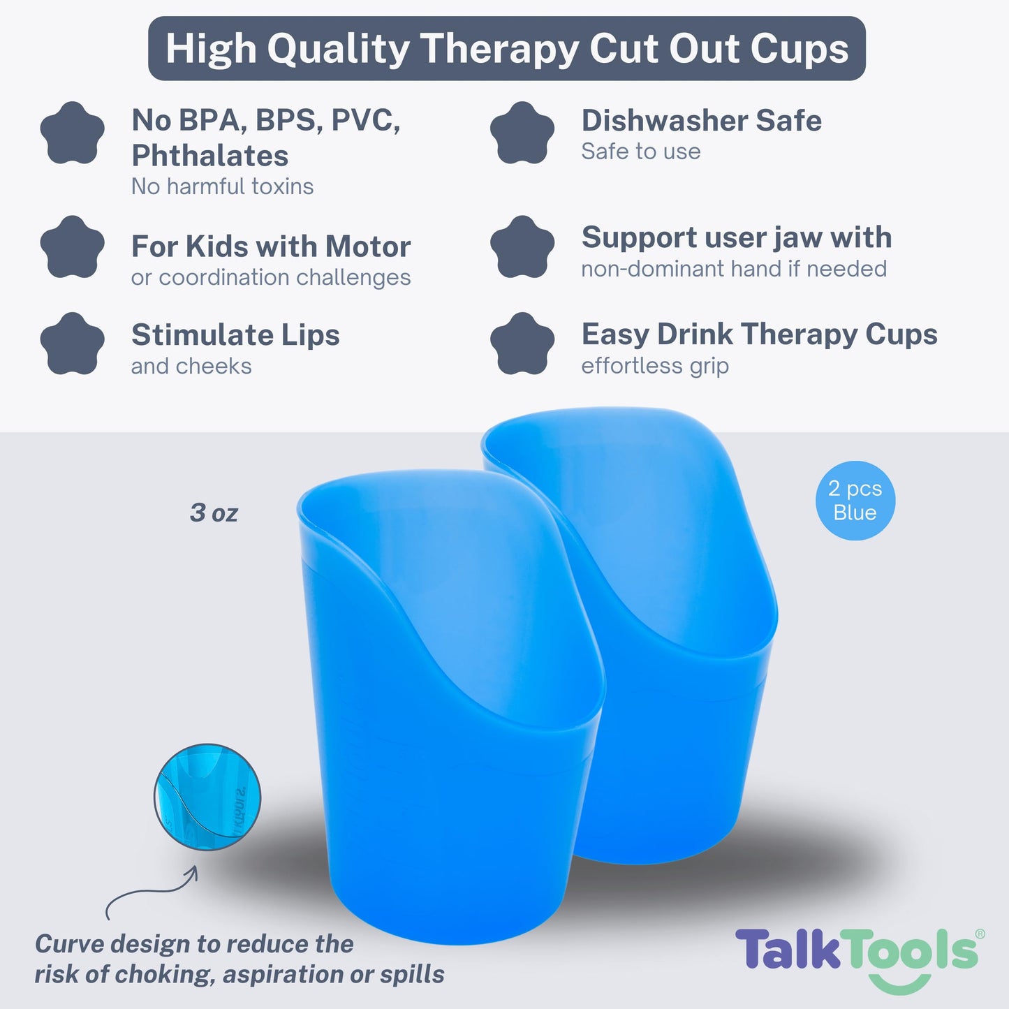 TalkTools® Copa de Terapia de Corte para Dysphagia, Oral Motor y Necesidades Especiales - Asistente de Bebida para Terapia del Habla y Soluciones de Alimentación (3 oz Azul, 2-Pack)