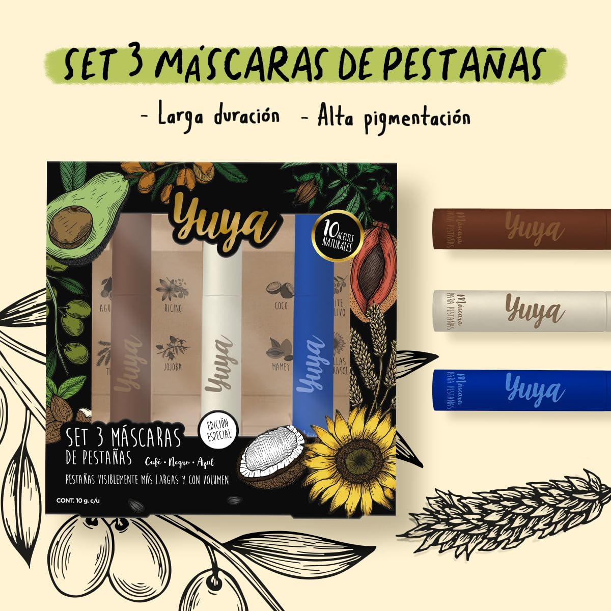 Yuya - Rimel - Mascara de pestañas - 10 aceites naturales - 10g c/u (Negra, Café, Azul, Pack Mascara 3 pzs)