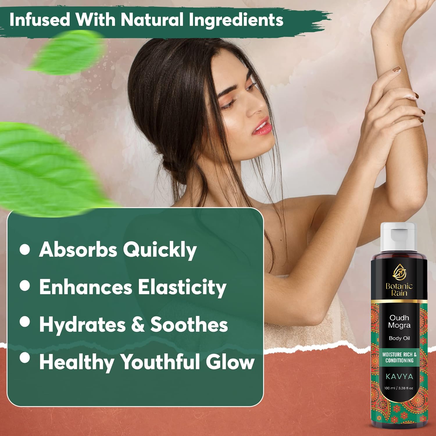 Botanic Rain- Aceite corporal ayurvédico con oudh y mogra, aceite corporal orgánico para después de la ducha, hidratante y natural