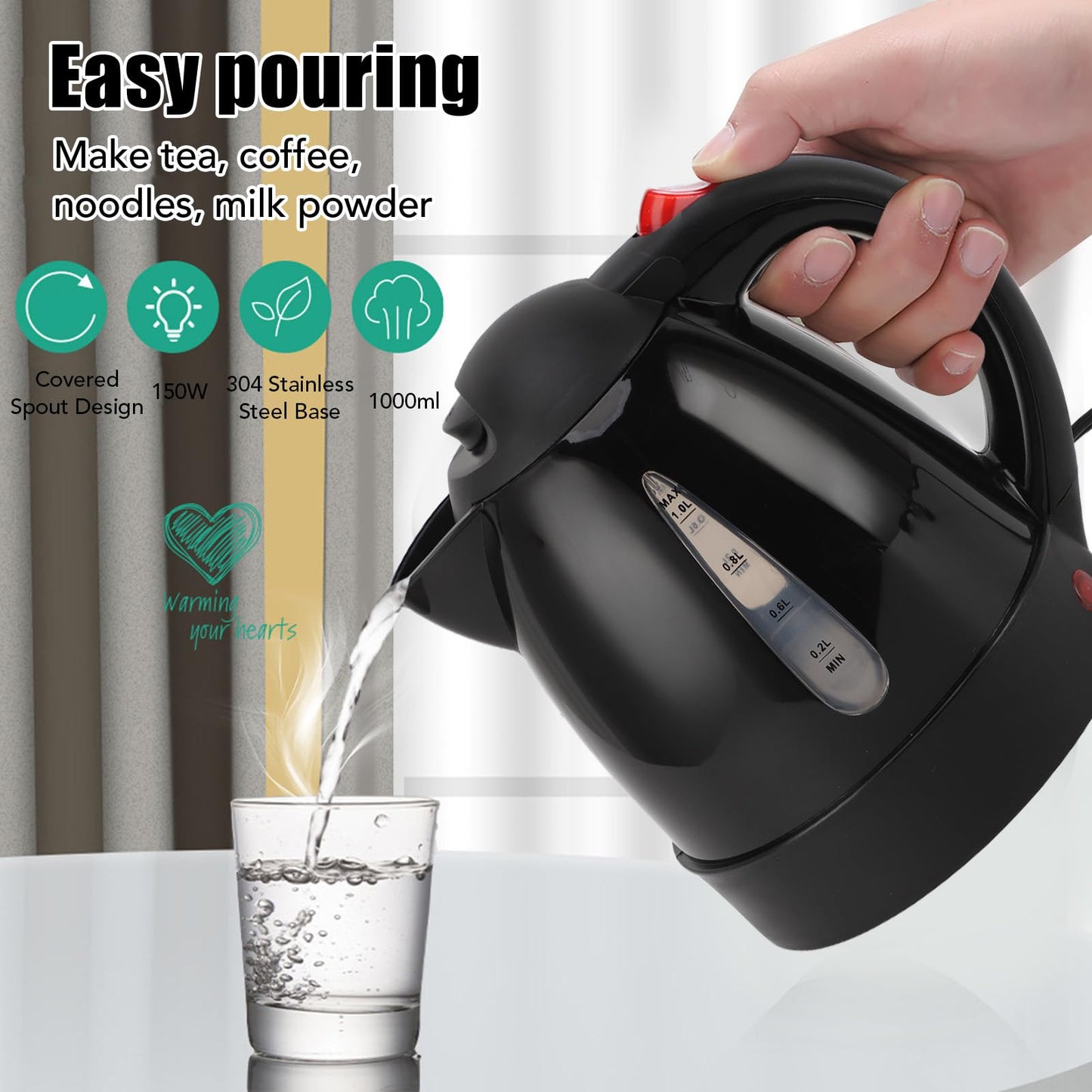 Hervidor Eléctrico para Coche de 1 Litro, Hervidor de té para Camión de Viaje de 12 V con Revestimiento de Acero Inoxidable, Botella Calentadora de Agua Caliente con Apagado