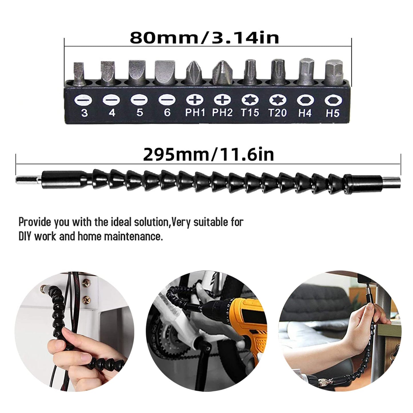 YIOYULEN - Extensión de broca flexible de 11.6 pulgadas, extensión de taladro magnético plegable, ángulo recto de 90° para eje magnético hexagonal suave para adaptador de taladro manual, tamaño hexagonal de 1/4 pulgadas, negro (12 piezas)