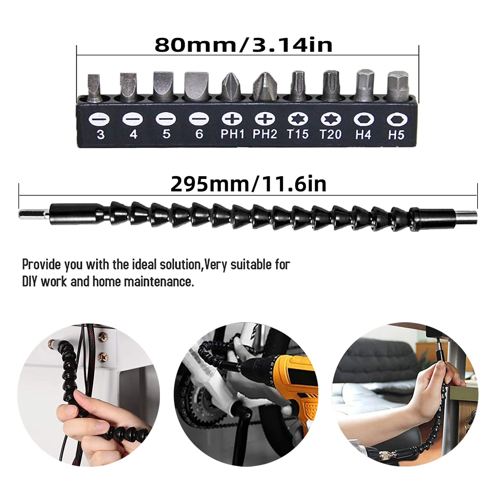 YIOYULEN - Extensión de broca flexible de 11.6 pulgadas, extensión de taladro magnético plegable, ángulo recto de 90° para eje magnético hexagonal suave para adaptador de taladro manual, tamaño hexagonal de 1/4 pulgadas, negro (12 piezas)
