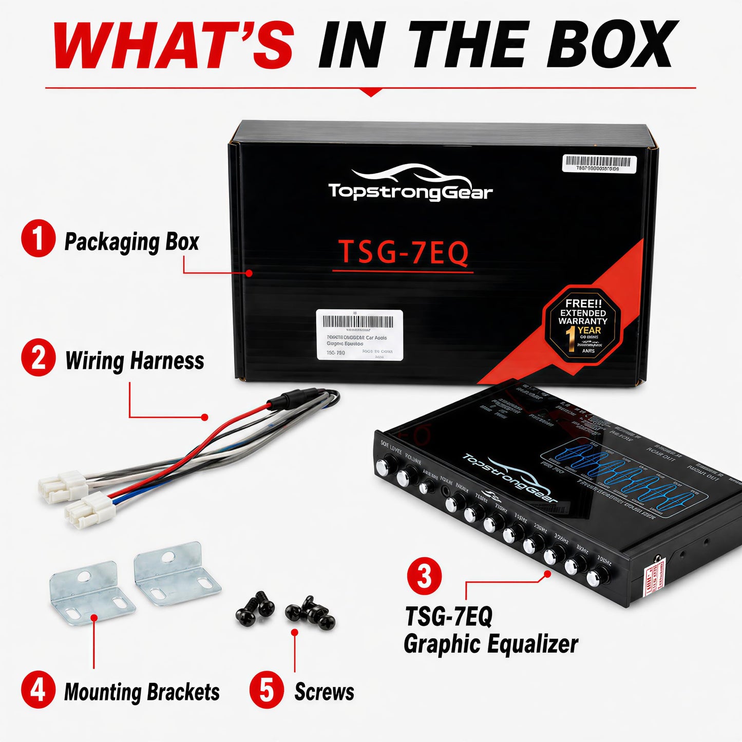 TOPSTRONGGEAR TSG7EQ - Ecualizador gráfico de audio de coche de 7 bandas con entrada auxiliar frontal de 3,5 mm, salidas RCA de alto voltaje y entradas de altavoz de alto nivel