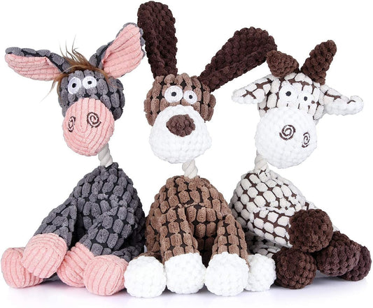 Juguetes para Perro, Peluche Juguetes para Perros Ansiosos, Juguetes Interactivos para Perro de Cuerda Duradera, Perros Juguetes para Medianos-Burro, Perro y Oveja (3 Pack)