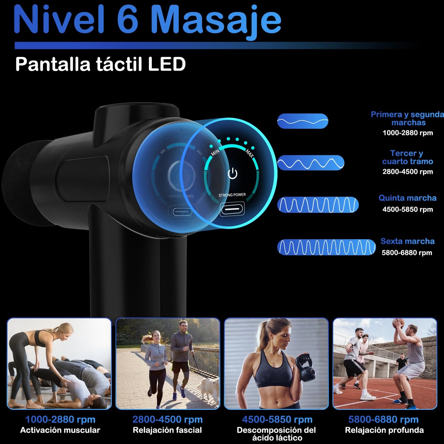 MIGUHOGAR Pistola de Masaje Muscular, con 4 Cabezas y 6 Velocidades Ajustables, Pistola Portátil de Masaje de Tejido Profundo, para Relajar Los Músculos Aliviar el Dolor