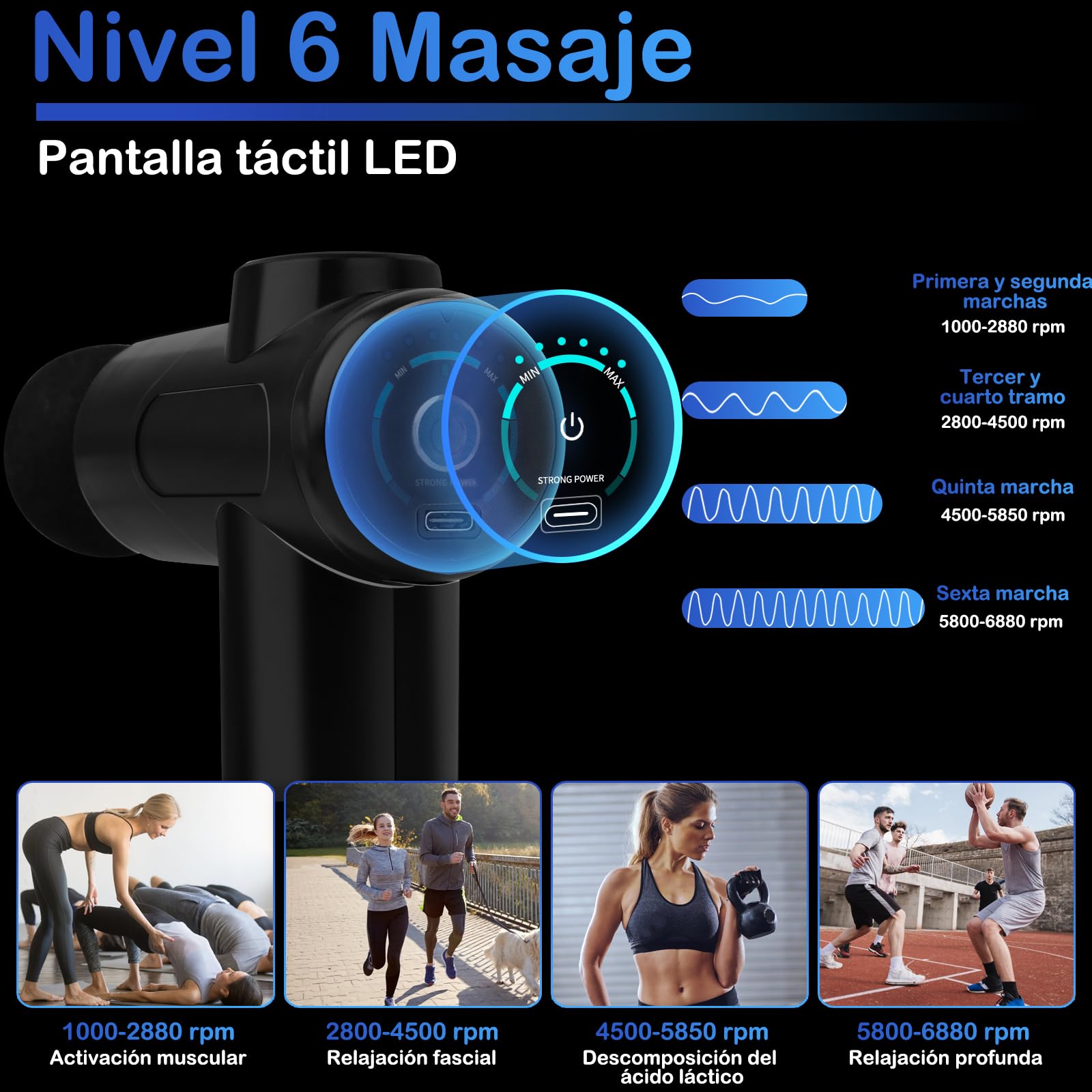 MIGUHOGAR Pistola de Masaje Muscular, con 4 Cabezas y 6 Velocidades Ajustables, Pistola Portátil de Masaje de Tejido Profundo, para Relajar Los Músculos Aliviar el Dolor