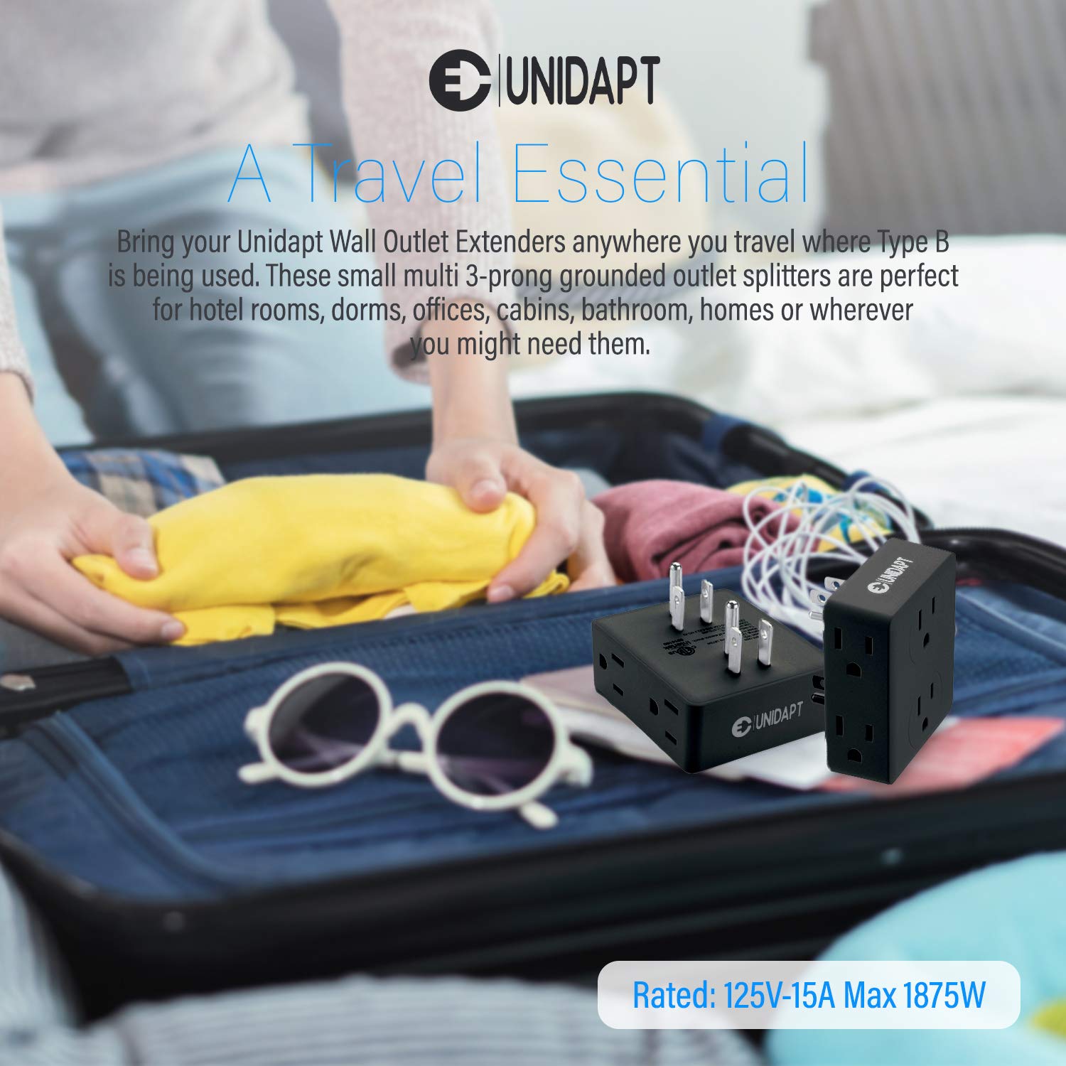 Unidapt Divisor de Enchufe múltiple, Caja extensora de Enchufe múltiple con 6 Tomas de Corriente, expansor de Enchufe de Pared para hogar, Oficina, Hotel, recámara, Paquete de 2 Unidades Negro