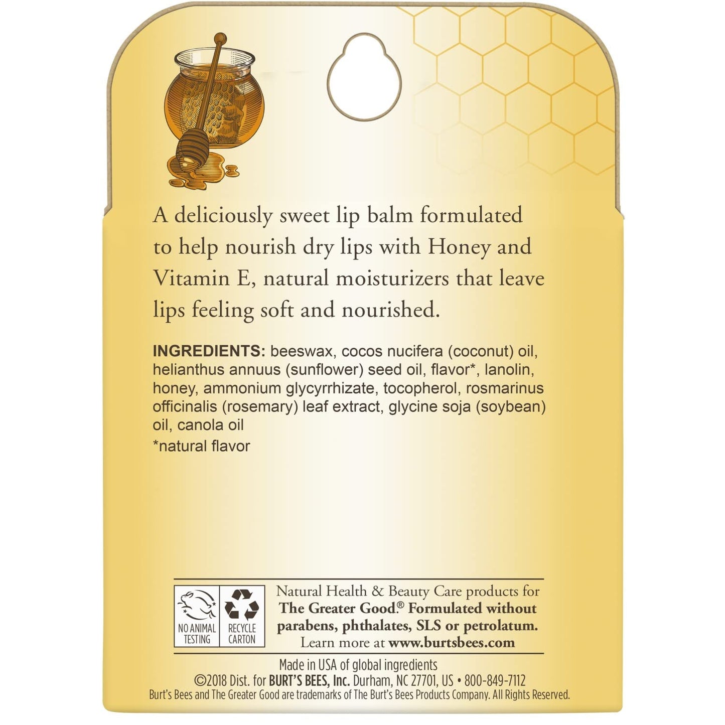 Burt's Bees 100% Natural Moisturizing Lip Balm, Honey with Beeswax - 4 Tubes