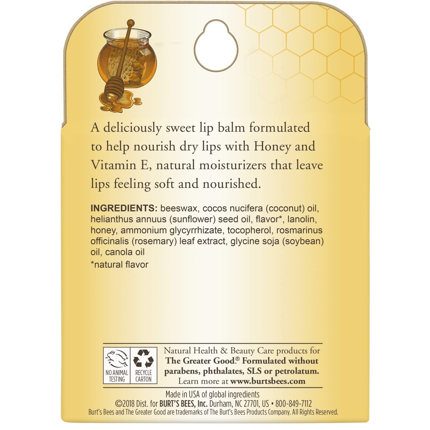Burt's Bees 100% Natural Moisturizing Lip Balm, Honey with Beeswax - 4 Tubes