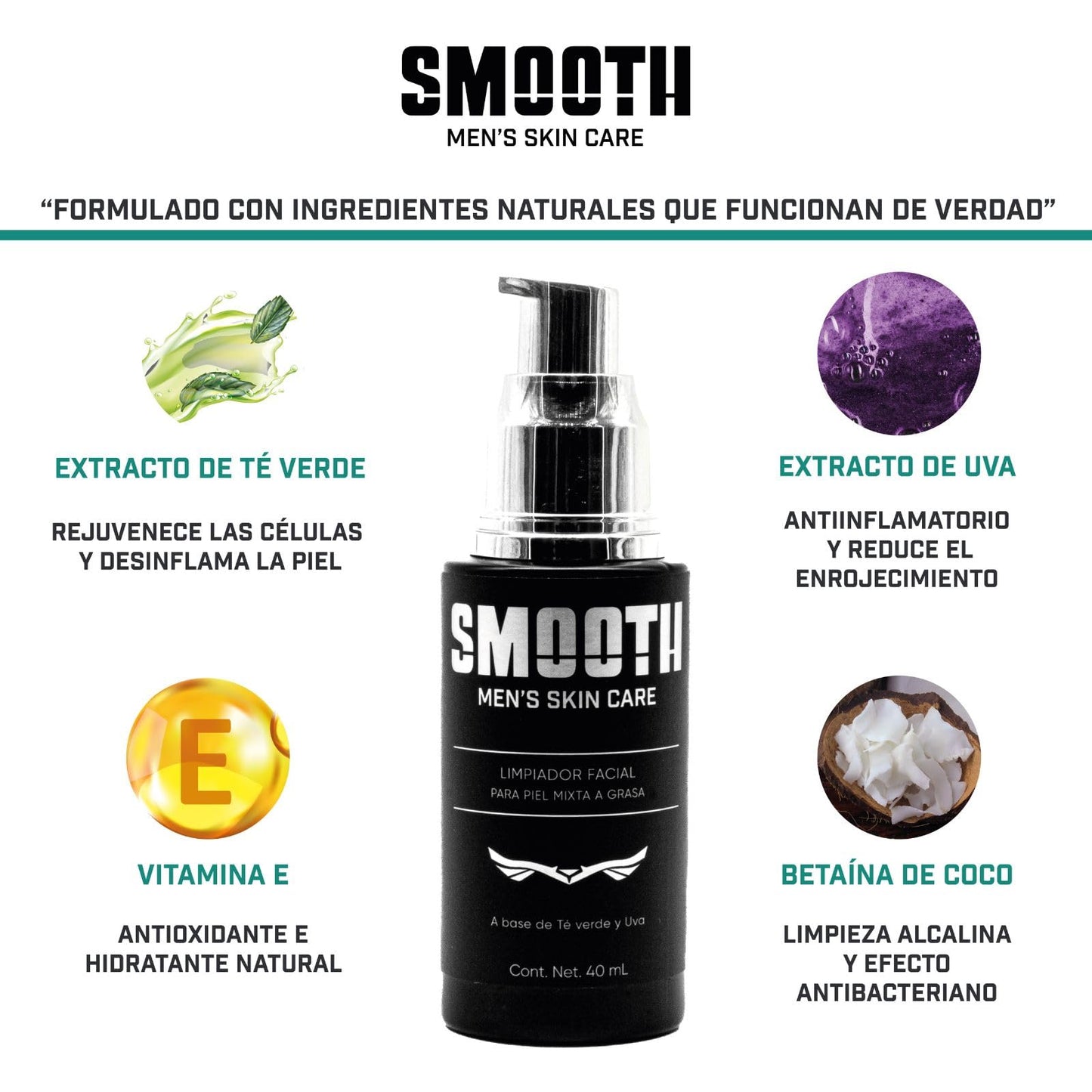 SMOOTH Kit Definitivo de Cuidado Facial Para Hombres: Todo lo que tu piel necesita | 5 productos: Limpiador de Té verde, Tónico de Hialurónato de Sodio, Sérum de Vitamina C, Gel Contorno de ojos de Cólageno, Protector solar de Tepezcohuite | Logra una pie