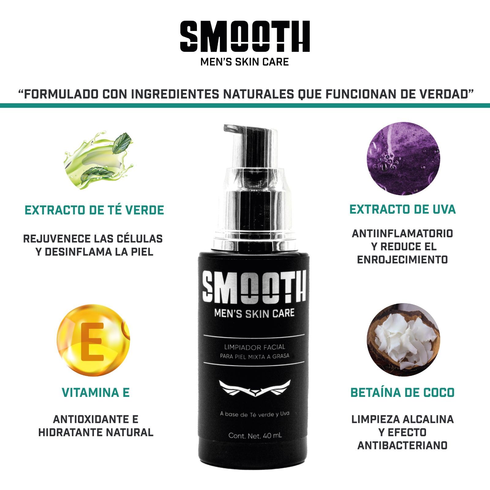 SMOOTH Kit Definitivo de Cuidado Facial Para Hombres: Todo lo que tu piel necesita | 5 productos: Limpiador de Té verde, Tónico de Hialurónato de Sodio, Sérum de Vitamina C, Gel Contorno de ojos de Cólageno, Protector solar de Tepezcohuite | Logra una pie