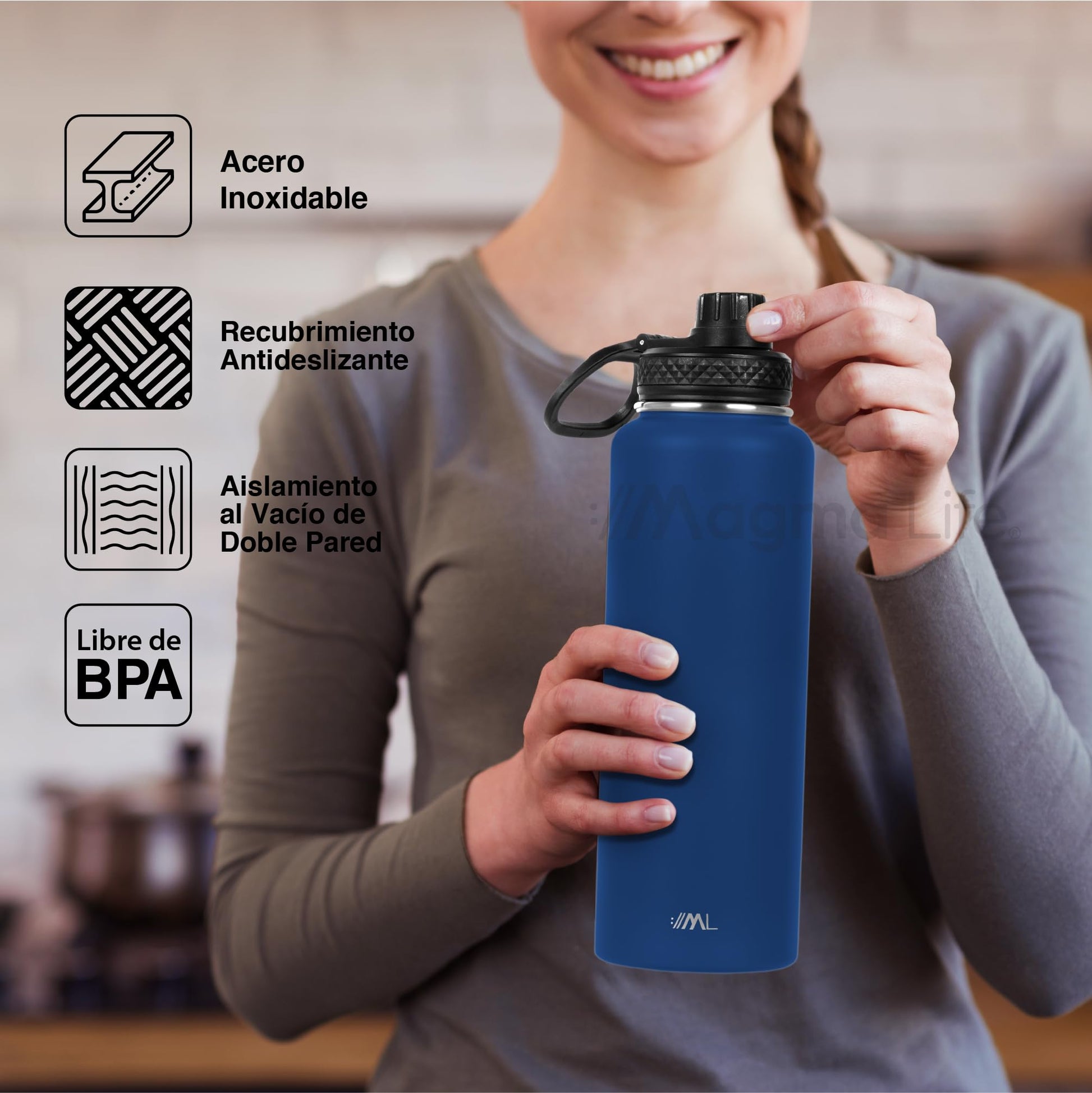 Magma Life Termo para Café y Agua de Acero Inoxidable 32 Oz (950 ml): Contiene 3 Tapas para Diferentes tipos de Bebidas, Ideal para Mantener la Temperatura Deseada (Navy)