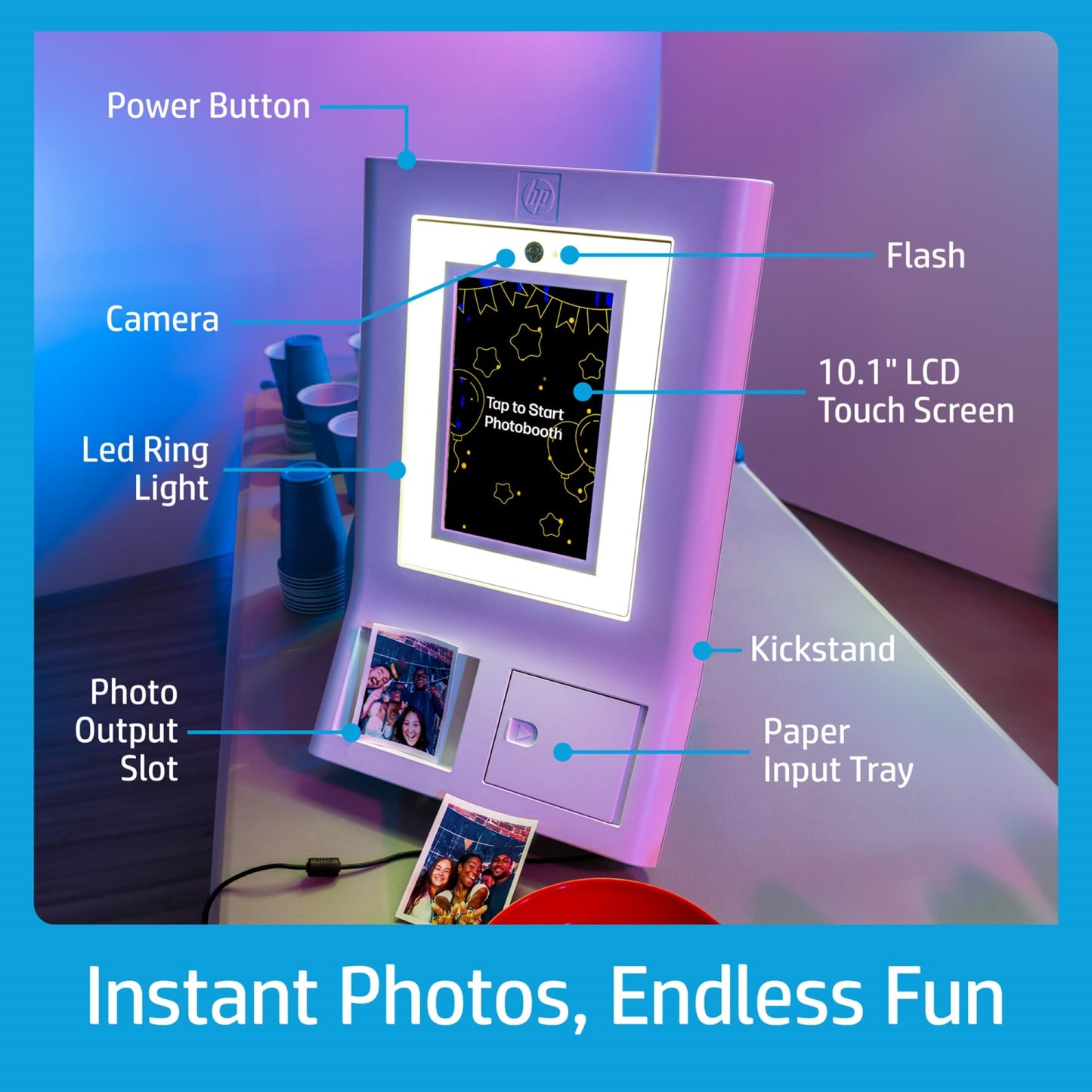 HP Sprocket Photobooth 3x4 Colour Photo Printer (White) – 250+ Frame, Zink Paper, WiFi, LED Ring Light, Touch Screen & Mobile App.