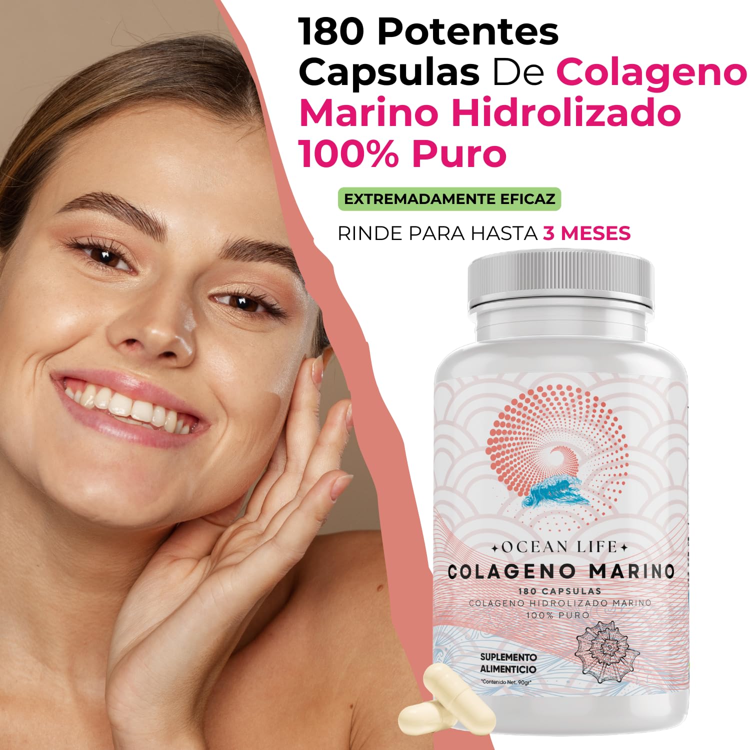 Colageno Marino Hidrolizado 100% Puro [Extremadamente Eficaz] 180 Capsulas 500mg (Potente Efecto Hidratante y Revitalizante) - Alta Absorcion - Eficaz Formulacion - OceanLife
