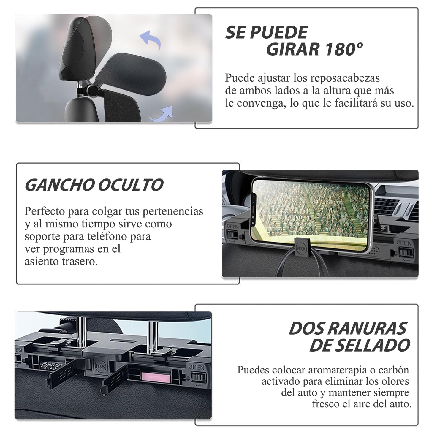 YRHSAV Reposa Cabezas para Auto, Soporte Cuello Reposa Cabeza, Reposacabezas en Forma de u Ajustable a 180°, con Ganchos y Almohada ViscoeláStica, Perfecta para Viajar Durmiendo Niños y Adultos.