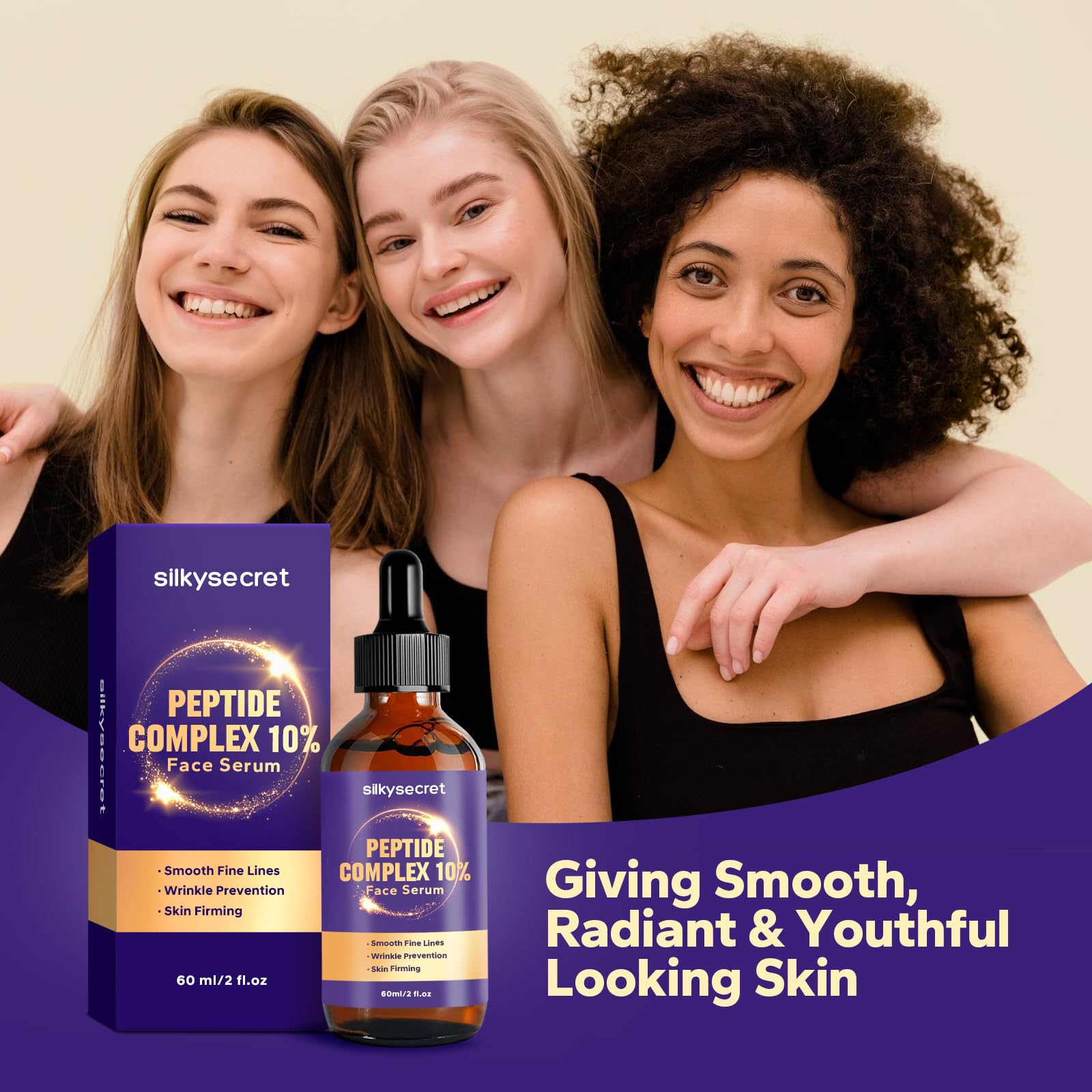 Silkysecret Suero De Péptidos Al 10% (2 Onzas Líquidas), Suero De Péptidos De Colágeno, Ácido Hialurónico Y Niacinamida, Argirelina Antienvejecimiento, Suero Facial Hidra 2 Onzas Líquidas (Paquete