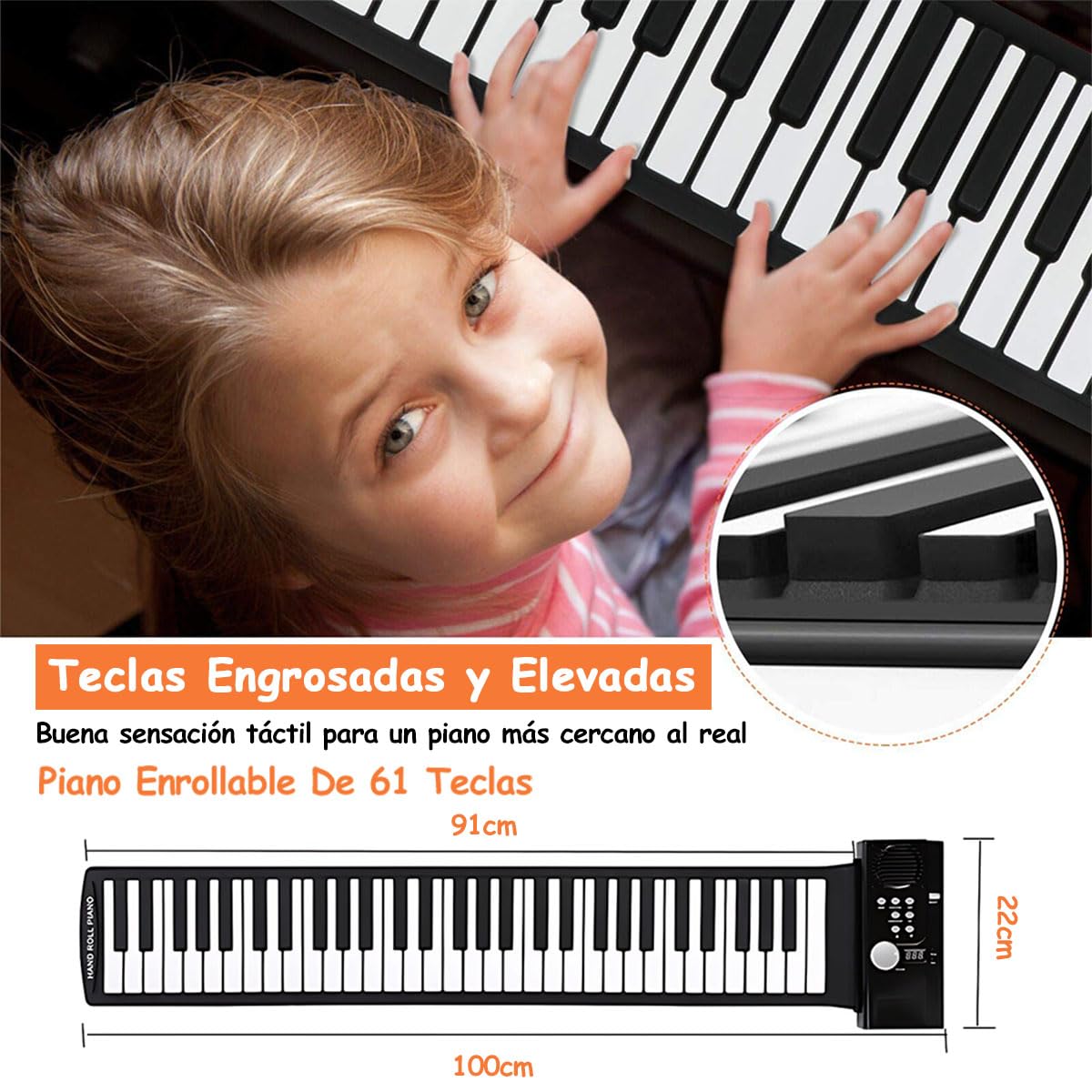 FHZLAJ Teclado de Piano Enrollable 61 Teclas,Piano Musical Electrónico de Silicona Plegable Portátil con Altavoz Incorporado 128 Tonos 100 Ritmos,Roll up Flexible Piano para Niños Adultos Principantes