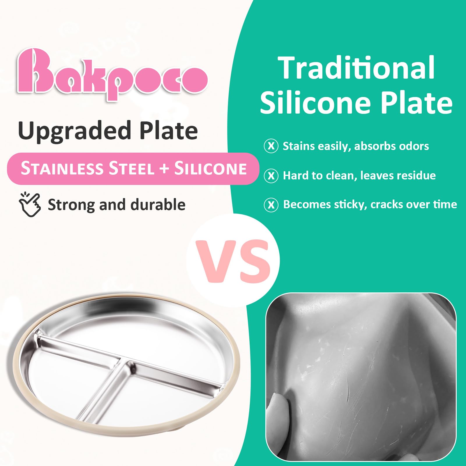 Bakpoco - Plato para bebé de acero inoxidable con succión, platos divididos de 9 pulgadas con mangas de silicona extraíbles para niños, no tóxico, antideslizante, irrompible, apto para lavaplatos,