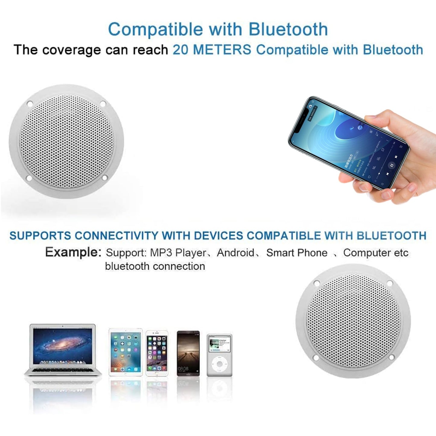 Herdio Altavoces de Techo Impermeables de 4 Pulgadas para baño, Cocina, hogar, Caravana, Carrito de Golf, Barco con Montaje Empotrado,Compatible con Bluetooth