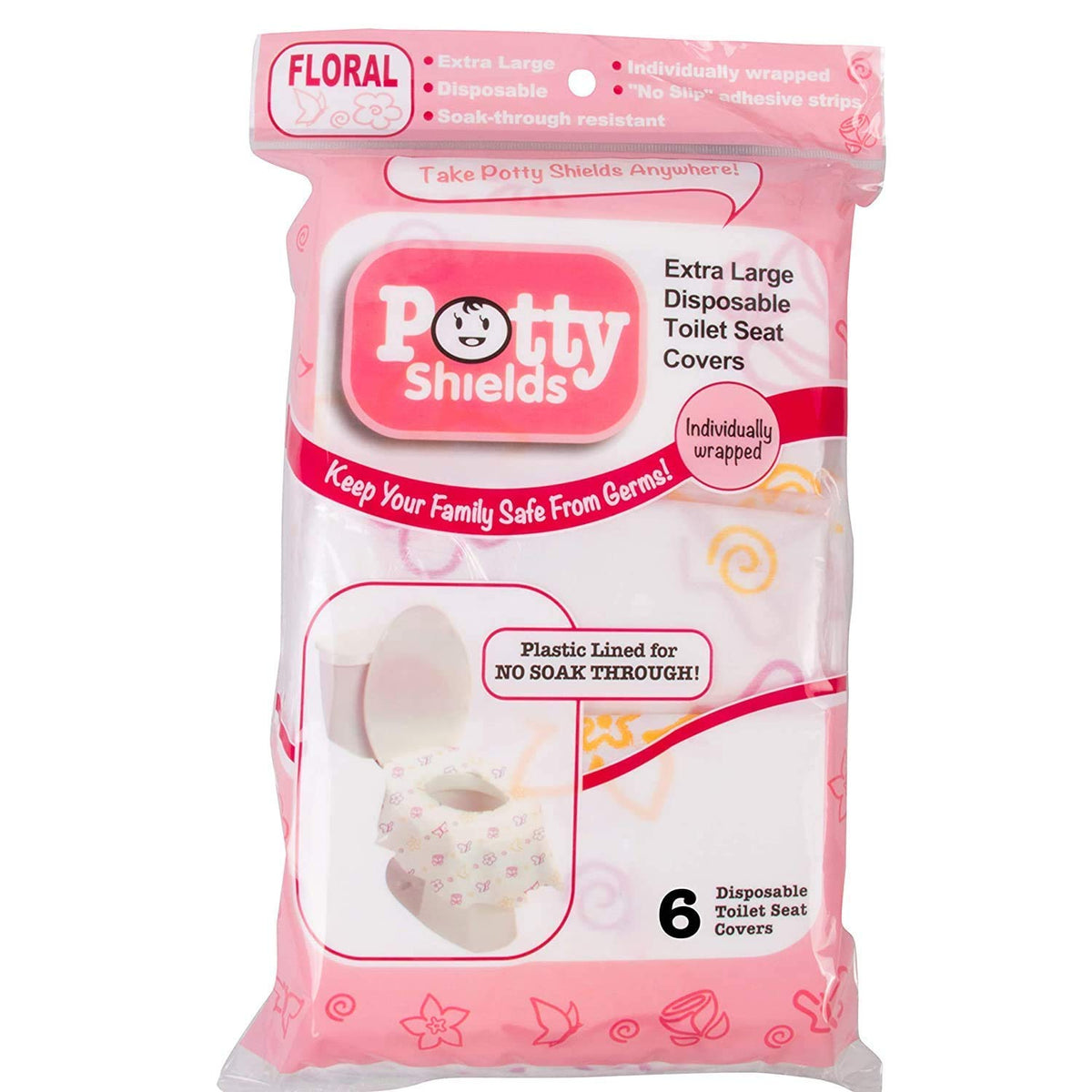 Cubiertas de asiento de orinal Potty Shields desechables (paquete de 6, floral) - Funda de orinal XL impermeable para niños pequeños, niños y adultos - Portátil y envueltas individualmente para viajes