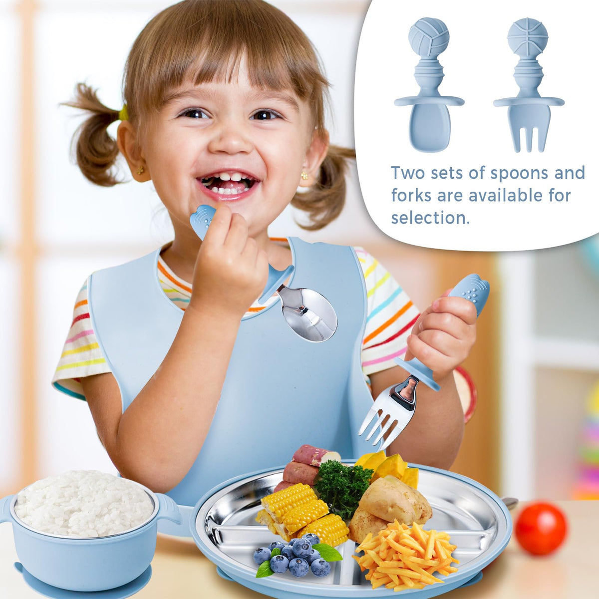 Juego de 7 piezas de acero inoxidable 304 para bebés y niños pequeños, platos divididos con succión, cuencos, tenedor de cuchara de silicona y acero inoxidable, babero de bolsillo irrompible, apto