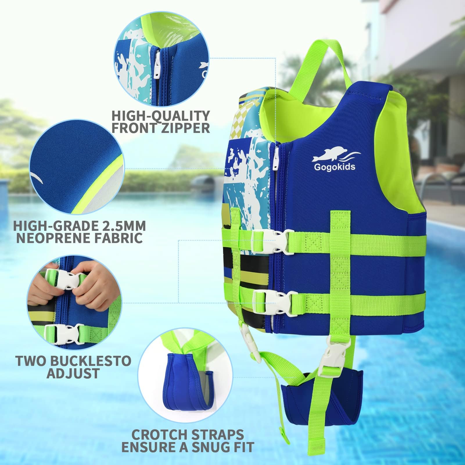 Gogokids - Chaleco de natación para niños pequeños, chamarra flotante para niñas y niños de 20-30-40-50 libras, flotadores de natación con correa de seguridad ajustable Duel, para niños de 2-9 años