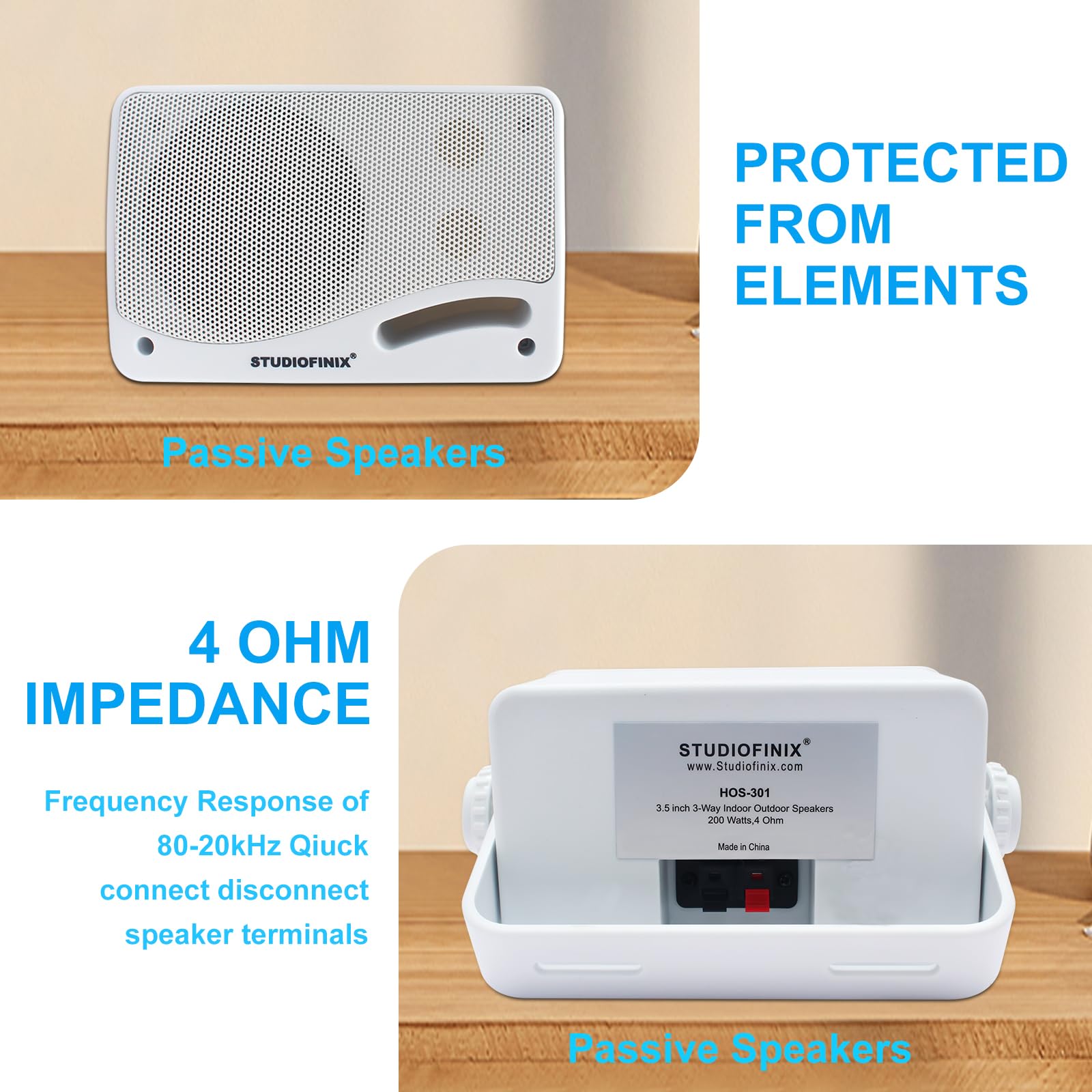 STUDIOFINIX - Altavoces pasivos para exteriores con cable, impermeables, de 3.5 pulgadas, 3 vías, 200 W en superficie, marinos y de pared, adecuados para el hogar, barco, piscina, patio, uso en