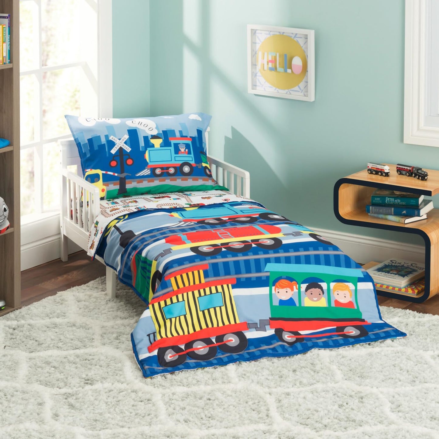 EVERYDAY KIDS Juego de cama infantil de 4 piezas -Trencito Choo Choo- Incluye edredón, sábana encimera, sábana bajera ajustable y funda de almohada reversible