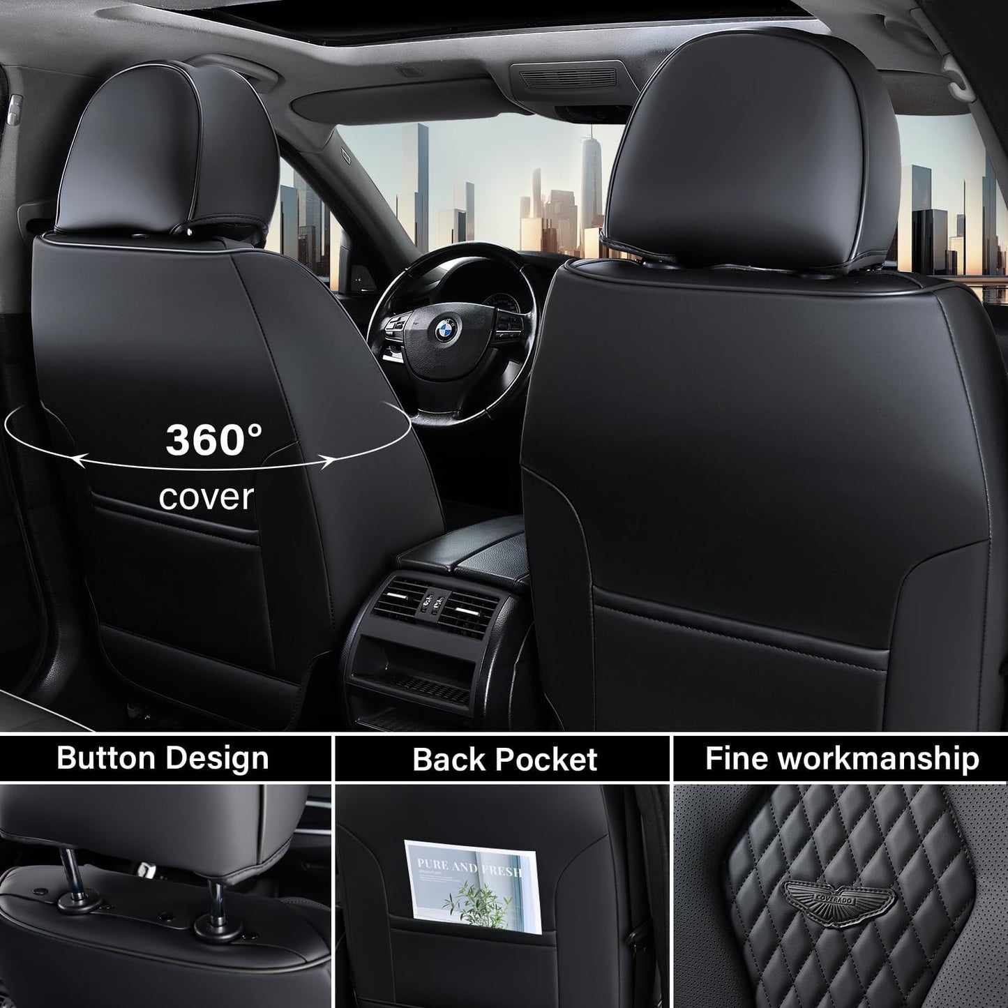 Coverado - Juego completo de fundas de asiento de piel universal de 5 asientos para automóviles, cojines de asiento impermeables de piel sintético, protectores de asiento delantero y trasero, fundas de asiento para automóviles para la mayoría de vehículos