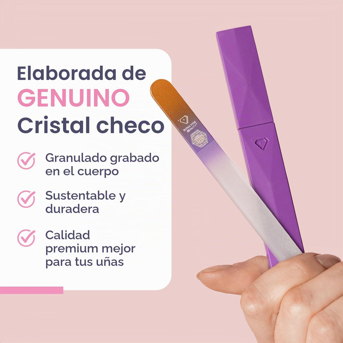 BONA FIDE BEAUTY - Lima de vidrio para uñas, grano 180, mediano, dorado/violeta, vidrio checo, esencial para el cuidado de uñas