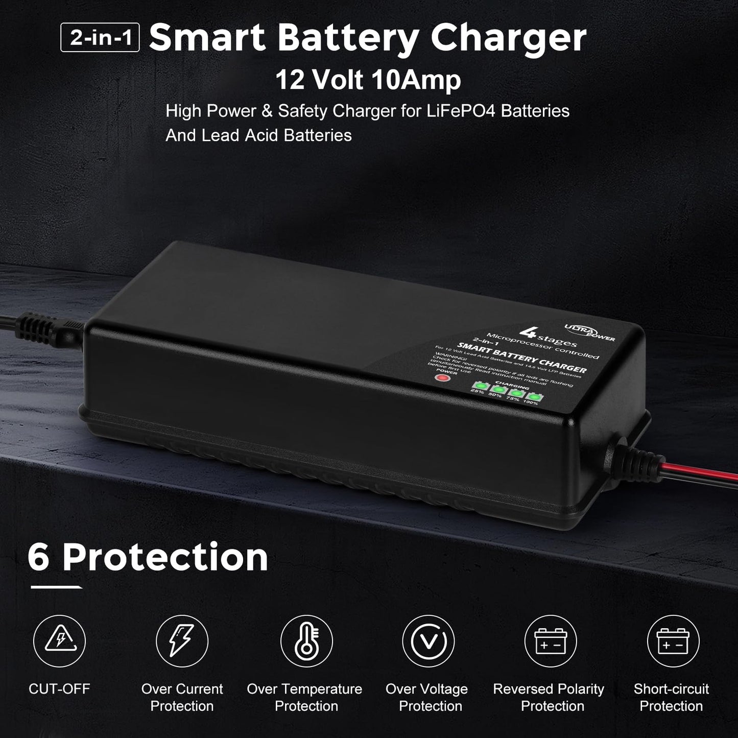 ULTRAPOWER - Cargador de batería mejorado de 10 amperios, LiFePO4 de litio de 14.6 voltios y SLA GEL de 12 voltios, cargador de batería para coche, carrito de golf, UAV, baterías de energía al aire
