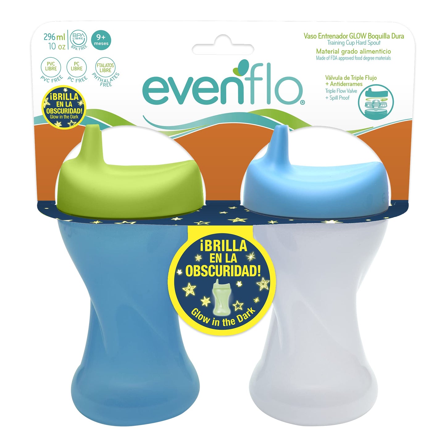 Vaso Entrenador Glow Evenflo Brilla en la Obscuridad Antiderrames, Boquilla Dura, 10oz/296ml, 2 piezas