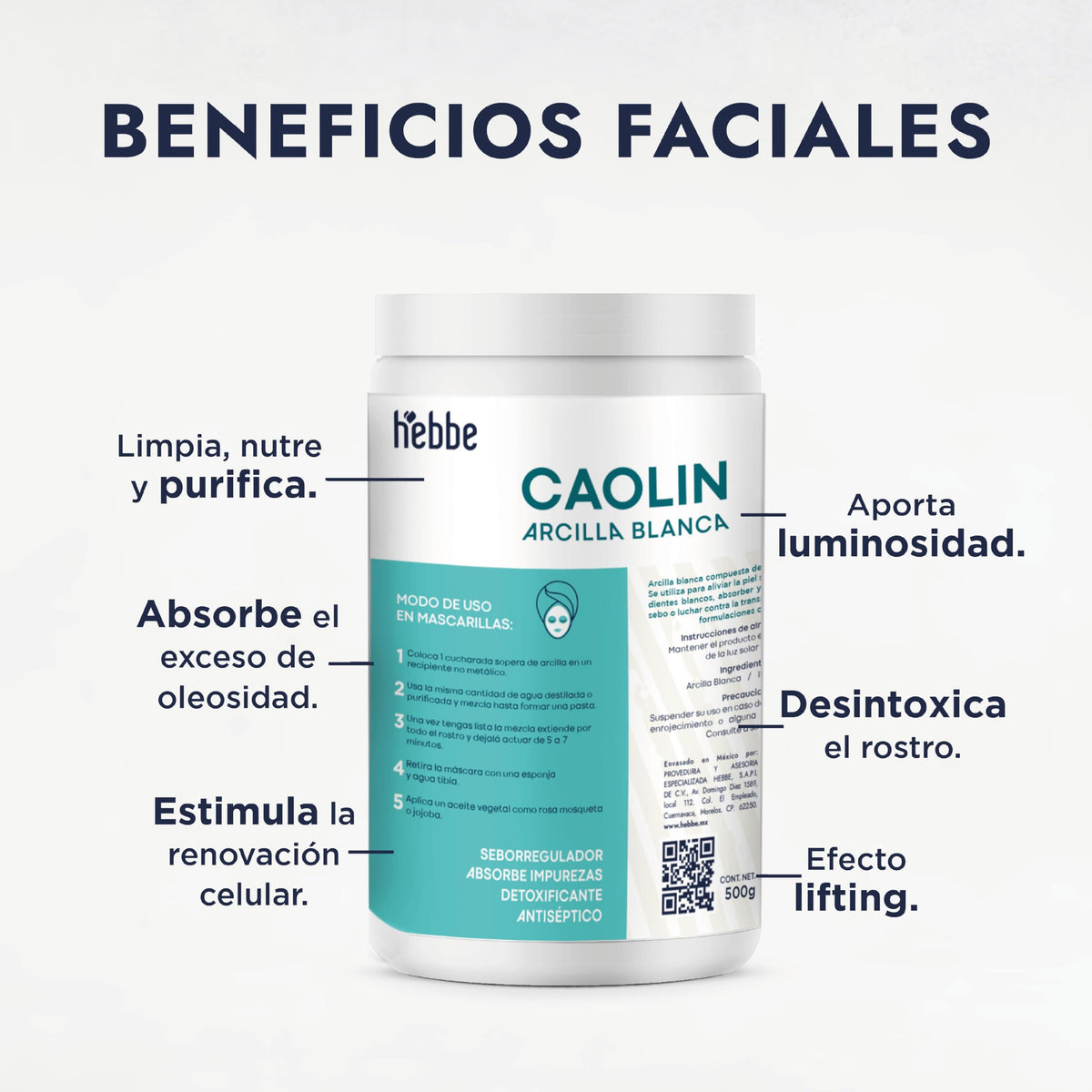 Hebbe Arcilla Blanca Caolín 1 Kg | Arcilla Para Mascarilla Facial y Corporal | Absorbe Oleosidad y Purifica | Limpieza Profunda y Efecto Suavizante