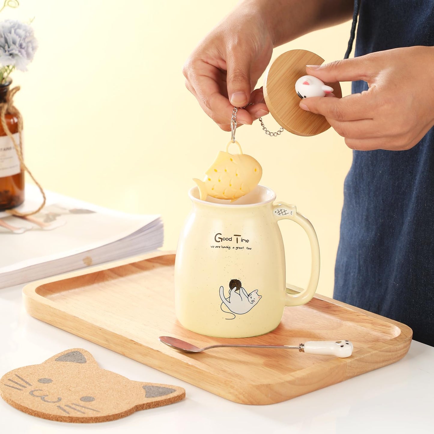 BigNoseDeer - Taza de té con infusor y tapa, taza de café de cerámica para gatos kawaii, taza de té, lindas cosas preparadas para gatos, regalos de cumpleaños, lindos regalos para mujeres y niñas (13